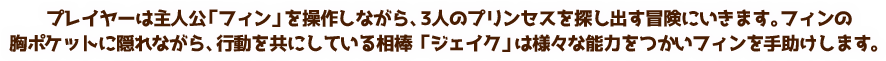 プレイヤーは主人公「フィン」を操作しながら、3人のプリンセスを探し出す冒険にいきます。フィンの胸ポケットに隠れながら、行動を共にしている相棒「ジェイク」は様々な能力をつかいフィンを手助けします。