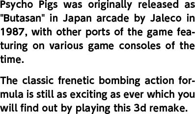 Psycho Pigs was originally released as 'Butasan' in Japan arcade by Jaleco in 1987, with other ports of the game featuring on various game consoles of the time. The classic frenetic bombing action formula is still as exciting as ever which you will find out by playing this 3d remake.