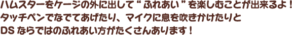 ハムスターをケージの外に出して“ふれあい”を楽しむことが出来るよ！タッチペンでなでてあげたり、マイクに息を吹きかけたりとDSならではのふれあい方がたくさんあります!