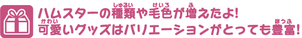 ハムスターの種類や毛色が増えたよ！可愛いグッズはバリエーションがとっても豊富！