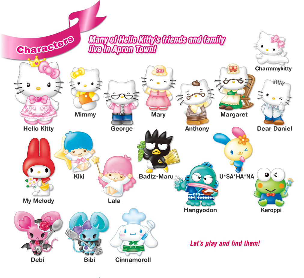 Characters  Many of Hello Kitty's friends and family live in Apron Town! Let's play and find them!