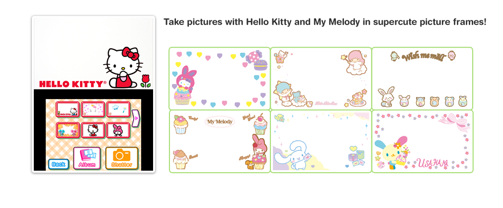 Take pictures with Hello Kitty and My Melody in supercute picture frames!